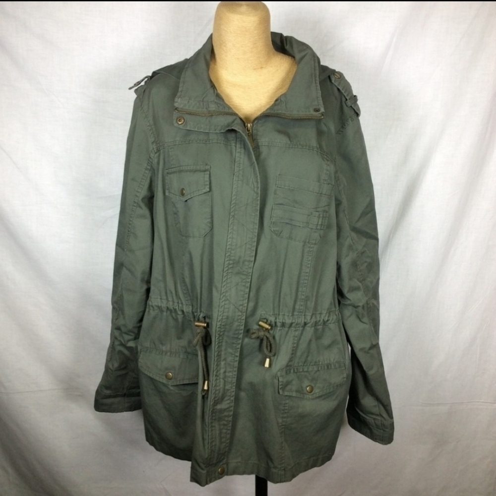 New Look Hooded Anorak Cargo Utility Jacket Green Women's Medium M Cinch Waist